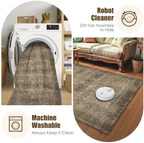 Washable Area Rug 9' x 12' Vintage Traditional Persian Mat - Foldable Distressed Non-Slip Machine Washable Carpet for Living Room Bedroom Kitchen Home Decor - Mocha and Taupe - Image 7