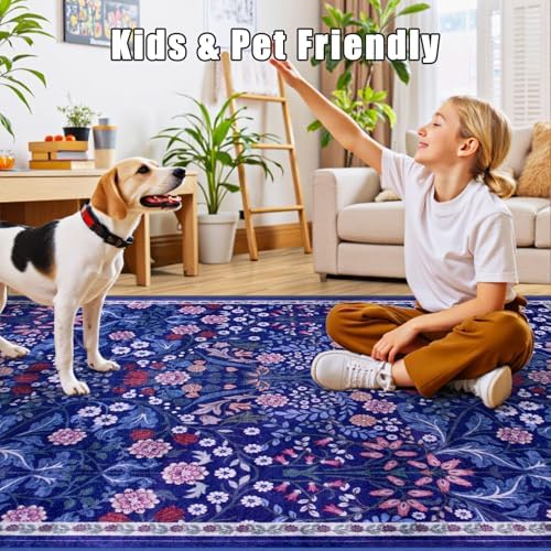 PLHXFR Area Rug Living Room: 3x5 Floral Washable Boho Soft Carpet Blue - Image 6