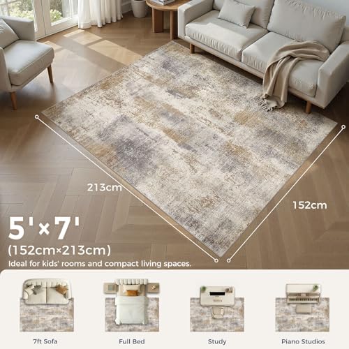 DMOYEST Area Rug Living Room Rugs - 5x7 Washable Soft Indoor Neutral Modern Abstract Low Pile Rug Carpet for Bedroom Dining Room Farmhouse Home Office - Brown Grey - Image 2