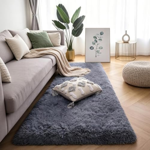 2x6 Thick Grey 2 Pcs Fluffy Shag Rug Soft Plush Fuzzy Washable Non Slip by KICHOWUA