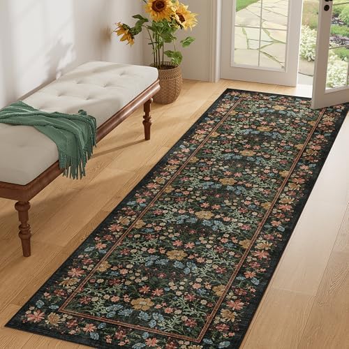 DUKINO 2.6x8 Runner Rug, Washable Vintage Floral Kitchen Rug, Black - Image 3