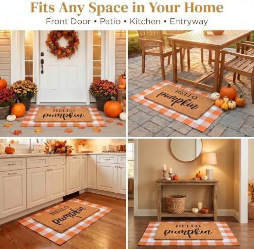 Fall Decor Doormat Combo Set, 100% Coco Coir Welcome Mat + 3' x 5' Orange and White Plaid Rug - Fall Thanksgiving Front Porch Entryway Decor Floor Mat, Indoor Outdoors Autumn Mats Hello Pumpkin - Image 5