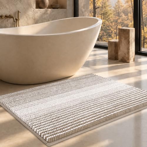 BSICPRO Large Chenille Bathroom Rugs, 24x36 Striped Bath Mats, Light Taupe by BSICPRO