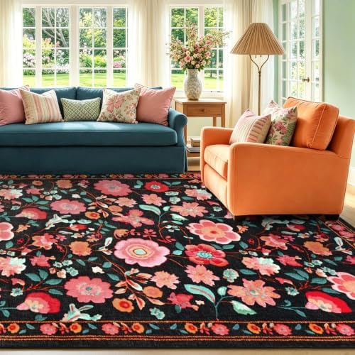 8x10 Ft Washable Area Rug for Living Room Black Vintage Floral Carpet - Image 4