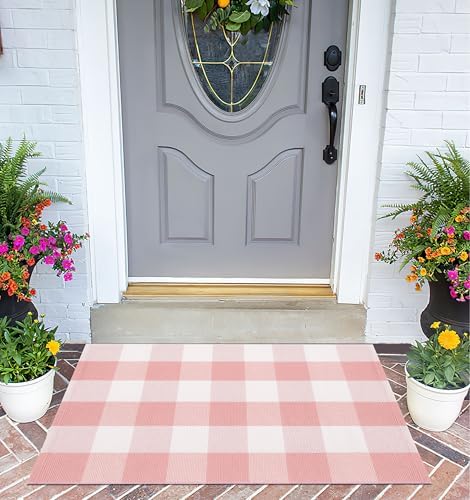Pink White Buffalo Plaid Layered Doormat 24"x35" Cotton Washable Door Mat - Image 6
