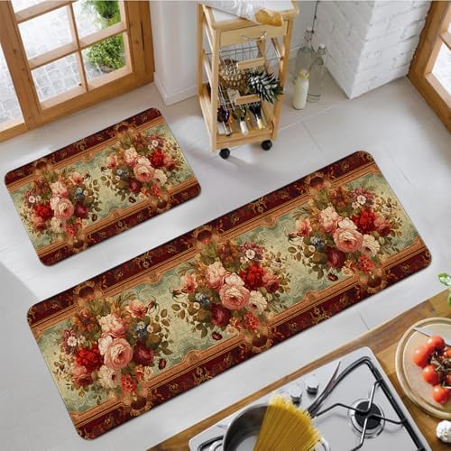 Retro Farmhouse Spring Floral Kitchen Rugs Sets of 2 Non Slip Washable, Country Vintage Flower Summer Spring Floral Kitchen Mats for Floor 2 Piece Home Decor - Image 6