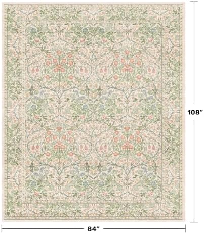 Hazo Haus Light Beige Green Floral Living Room Rug, 7x9 Washable Area Rug for Kids Room, Bedroom, Nursery Room, Living Room, Dining Room, Low Pile Non-Slip - Vintage Design & Stain Resistance - Image 2