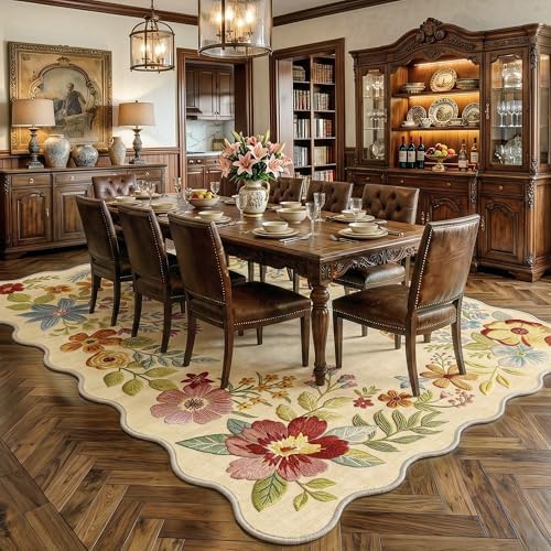 FMFUNCTEX 10x12 Washable Beige Floral Scalloped Area Rug for Living Room - Image 3
