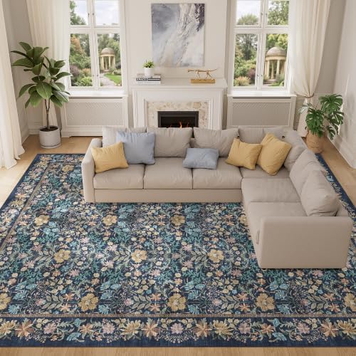DUKINO 10x14 Rug for Living Room Washable Vintage Floral Area Rug Dark Blue - Image 5