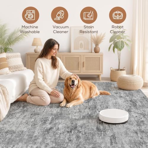 Nakagishi 9x12 Area Rugs Living Room: Washable Abstract Large Neutral Soft Rug Stain Resistant Modern Indoor Floor Non-Slip Carpet for Bedroom Nursery Kids Playroom Office Dining Room Dorm- Grey - Image 3