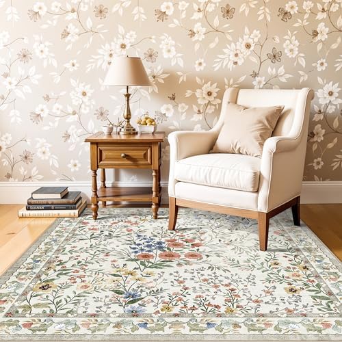4x4 Square Entry Rug Foyer Entryway: Non-Slip Floral Washable Rugs for Indoor Floor Living Room Kitchen Bedroom - Soft Thin Doormat Carpet Boho Vintage Home Decor (4ft Square, Beige) - Image 3
