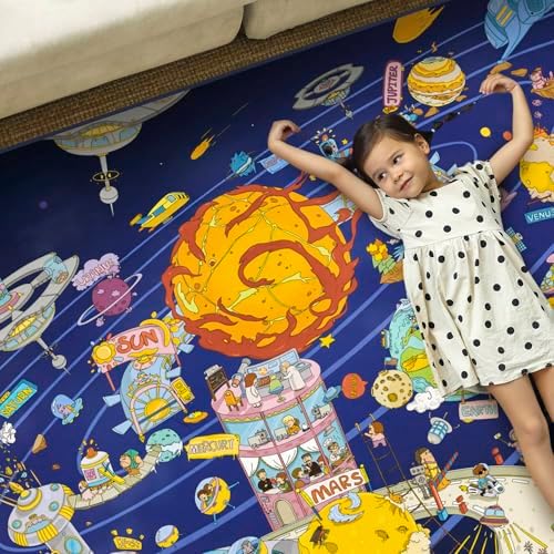 Outer Space Adventure 5x7 Kids Rug – Vibrant Galaxy Scene with Planets, Astronauts, Spaceships & Fun Details – Perfect Playroom or Bedroom Carpet for Learning & Imagination - Image 6