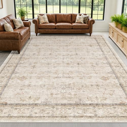 Beige Cream 10x12 Large Living Room Area Rug, Soft Neutral Carpet for Bedroom, Dining Room Under Table, Geometric Floral Contemporary Home Décor, Modern Non Slip Stain Resistant Floor Carpet by HazoHaus