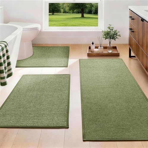 YIHOUSE Green Bathroom Rugs Sets 3 Piece, Quick Dry Thin Bath Mat with Toilet Rug, Non Slip Absorbent Machine Washable, Bath Runner Rugs for Bathtub Sink Home Decor by YIHOUSE