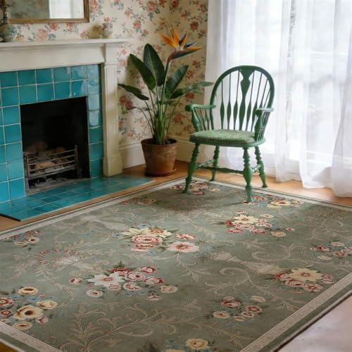 Helthep 5 * 7ft Vintage Green Floral Washable Area Rug for Living Room - Image 3