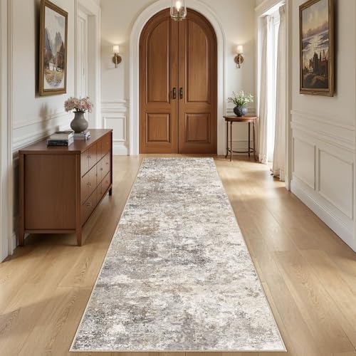 UERMEI 3x10 Washable Runner Rug for Hallway, Non Slip Low Pile Kitchen Carpet, Neutral Modern Abstract Indoor Floor Mat for Entryway Laundry, Kid & Pet Safe High Traffic Area, Brown Grey by UERMEI