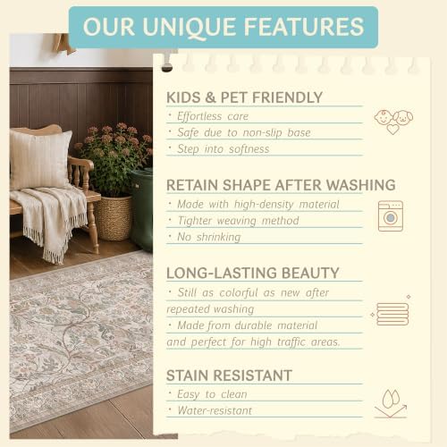 Moss Green 2x4 Washable Entry Rug, Small Throw Rugs for Bathroom Entryway Kitchen, Non Slip Doormat Indoor Entrance, Farmhouse Floral Low Pile Stain Resistant Carpet - Image 5