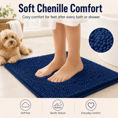 Non Slip Washable 2 Piece Extra Absorbent Shaggy Chenille Bathroom Rugs and Mats Sets, Soft & Dry Bath Rug/Mat Sets for Bathroom Washable Carpets Set Navy Blue Blue - Image 3