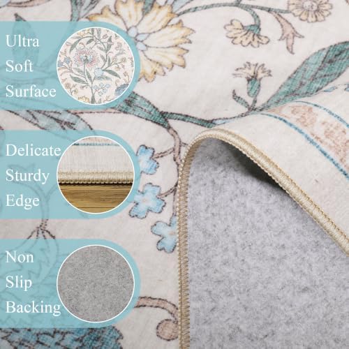 DUKINO 2.6x8 Runner Rug, Washable Vintage Floral Kitchen Runners Cream Blue - Image 6
