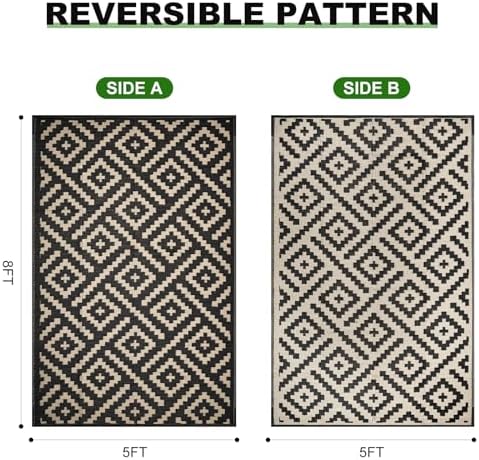 RURALITY Outdoor Rugs 5x8 Feet for Patios Clearance,Plastic Straw Waterproof Mats for Backyard,Porch,Deck,Balcony,Black&Beige - Image 2