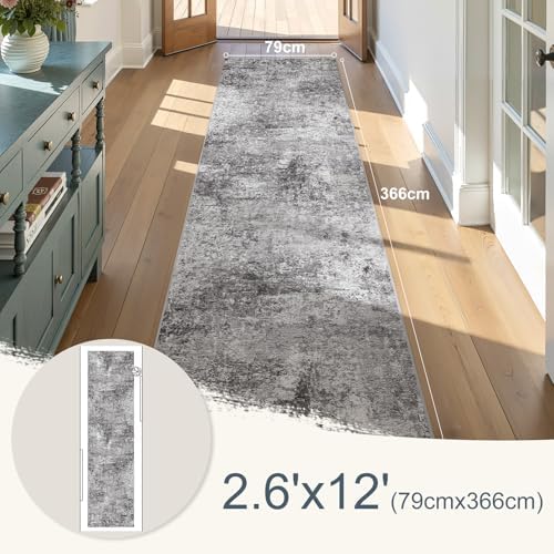 DMOYEST Washable Runner Rug for Hallway: 2.6x12 Neutral Modern Abstract Low Pile Area Rug with Non-Slip Backing - Carpet for Bedroom Kitchen Laundry Entryway Bathroom Indoor - Grey - Image 3