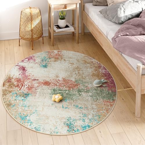 Lahome Modern Abstract Round Rugs for Living Room, 5ft Washable Ultra Thin Round Area Rug Non Slip, Multi Color 5x5 Circle Throw Carpet for Office Bedroom Dining Room Under Table - Image 5