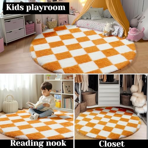 KICMOR Round Rug 4ft Orange and Cream White Circle Area Rug, Fluffy Soft Fuzzy Shag Shaggy Bedroom Living Room Carpet, Indoor Checkered Circular Rug for Kids Boys Girls Home Decor Aesthetic, Nursery - Image 7