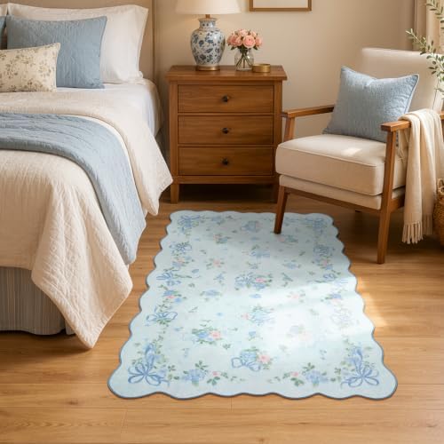 Wonnitar 4x6 Area Rug for Kids Bedroom, Washable Boho Blue Bow Floral Rug - Image 5