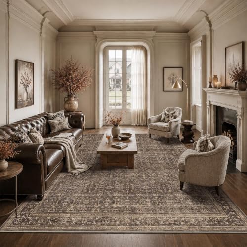 JOOJA 8x10 Dark Brown Vintage Soft Low Pile Non Slip Boho Washable Area Rug by JOOJA