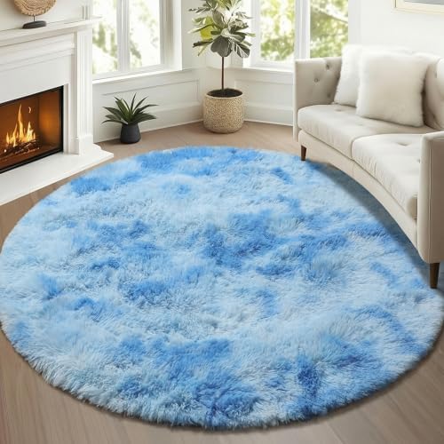 Tie-Dye Blue Fluffy Round Rug Circle Area Rugs 4ft for Boys Kids Bedroom - Image 4