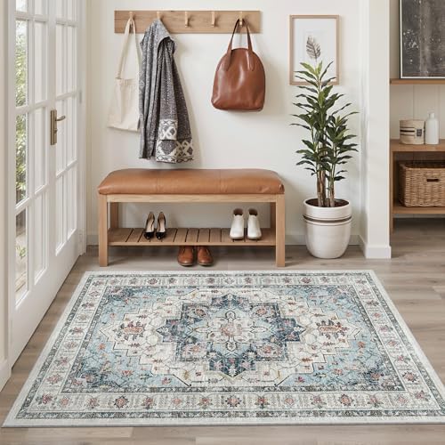 Madane Area Rug 3x5, Washable Vintage Entry Rugs for Bedroom, Blue by Madane
