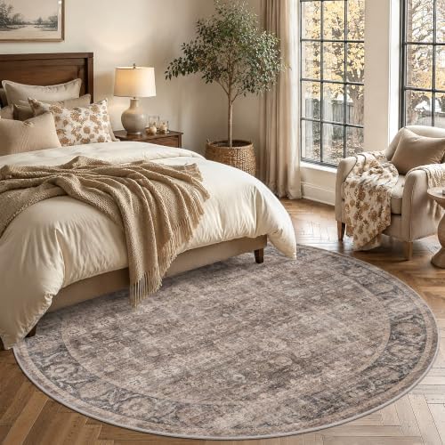 Washable 6ft Round Living Room Soft Rug Retro Taupe Navy Throw Carpet - Image 2