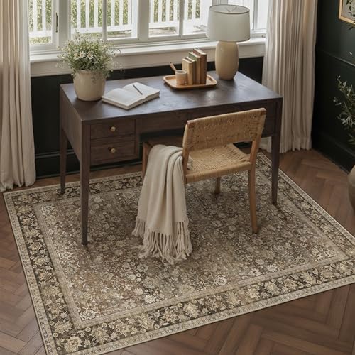 HUGEAR 5x8 Brown Vintage Floral Washable Area Rug for Living Room - Image 3