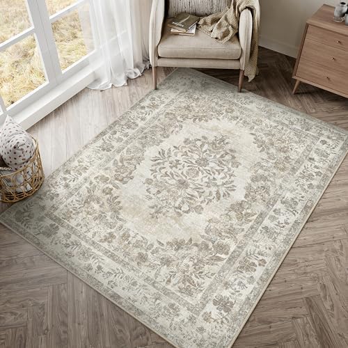 PureCozy 3x5 Washable Area Rug Entryway Cream Beige Vintage Small Doormat - Image 5
