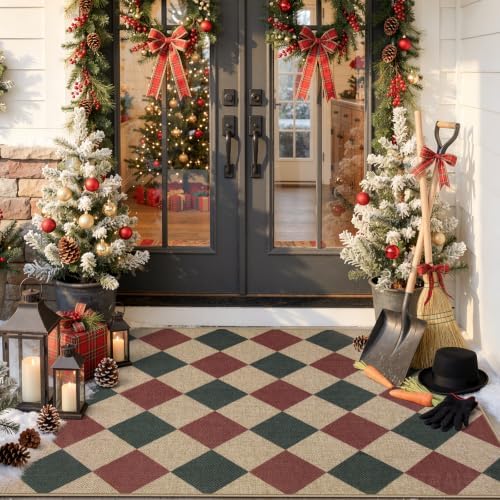 Lahome Christmas Rug, 3x5 Outdoor Christmas Decor Rugs for Porch Entryway, Checkered Red and Green Non Slip Non Shedding Xmas Decorations for Kitchen Front Door by Lahome