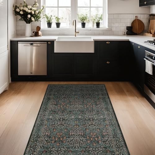 Dark Green Washable Entry Rug, 3x4 Rugs for Entryway Kitchen Bathroom Door Mat Indoor Entrance, Non Slip Rubber Backing, Stain & Fade Resistant, Vintage Floral Design - Image 3