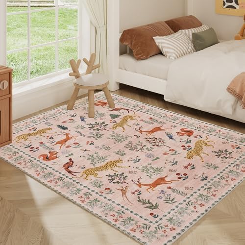 5x7 Pink Animal Washable Area Rug for Living Room, Vintage Print - Image 5