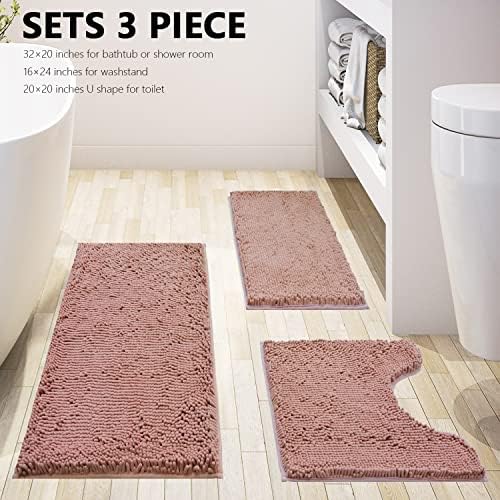 Bathroom Rugs Chenille 3-Piece Extra Soft and Absorbent Shag Bathroom Rugs, Machine Wash Mat, Strong PVC Non-Slip Underside, Plush Carpet Mats (Deep Pink) - Image 3