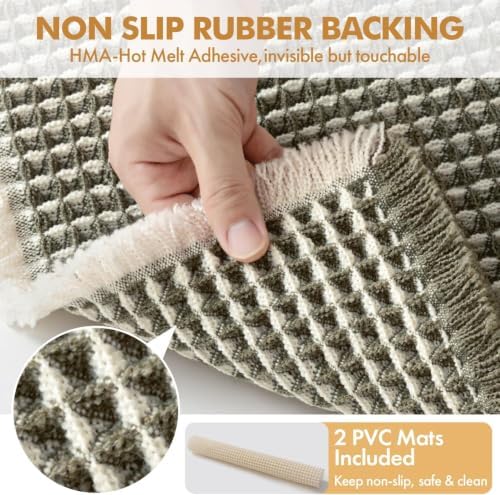 MIULEE Set of 2 Waffle Bathroom Rugs Green&Cream Bath Mat 17"x24"+20"x47" - Image 4
