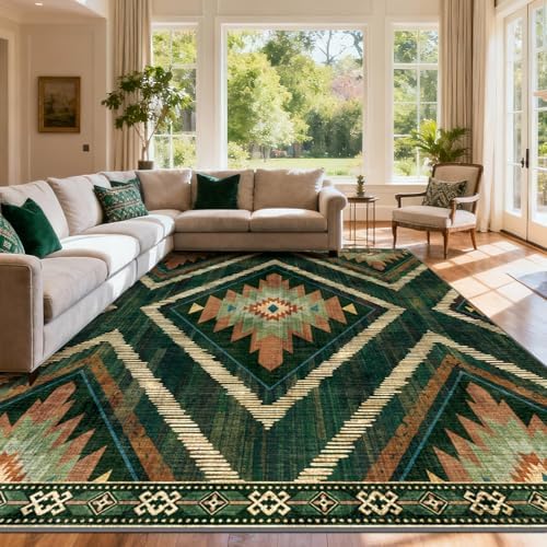 Boho Washable Area Rugs 8x10ft, Large Low Pile Living Room Area Rug Non Slip, Green Moroccan Bedroom Carpets, Non Shedding Soft Floor Carpet for Dining Room Nursery Home Office - Image 5
