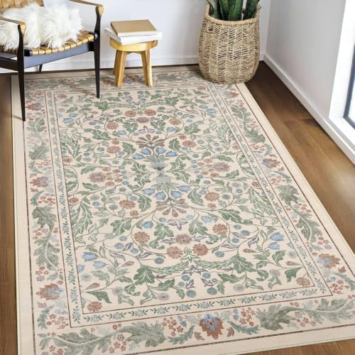 Floral Indoor Entrance 3x5 Area Rug, Washable Vintage Boho Entryway Rugs, Low Pile Non Slip Soft Carpet for Kitchen, Bedroom Beside, Laundry Room, Office Rug, Kids Room, Nursery Room， Beige Green by NEIGELUO