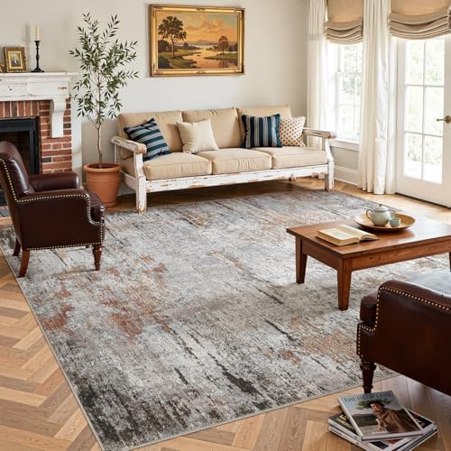 DMOYEST Area Rug Living Room Rugs - 8x10 Large Soft Indoor Neutral Modern Abstract Low Pile Washable Rug Carpet for Bedroom Dining Room Farmhouse Home Office - Grey Rust - Image 6