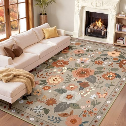 RELEANY Floral Washable 9x12 Area Rugs Brown/Brick by RELEANY