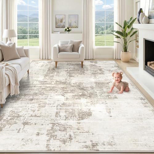XLUEZ 8x10 Area Rugs for Living Room, Washable Modern Abstract Large Area Rug Neutral Soft Non Slip Kids Rug Stain Resistant Indoor Carpet for Bedroom Nursery Dining Room Playroom(BeigeBrown, 8'x10') by XLUEZ