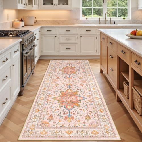 RELEANY Washable Area Rug, Runner 3'x6', Pink/Light Pink/Colorful by RELEANY