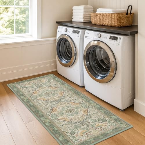 Sage Floral Kitchen Runners - 2x5 Runner Rug for Hallway Bathroom Laundry Room Bedroom Beside Bed Entryway, Boho Birds Leaves Patterned Non Slip Low Pile Washable Rugs - Image 3