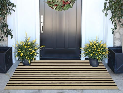 Black and Tan Striped Outdoor Rug 2'x4',Washable Front Porch Door Mat by BUAGETUP