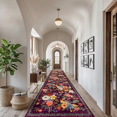 Purple Floral Hallway Runner Rug 2'6"x14' for Bedroom Kitchen - Image 2
