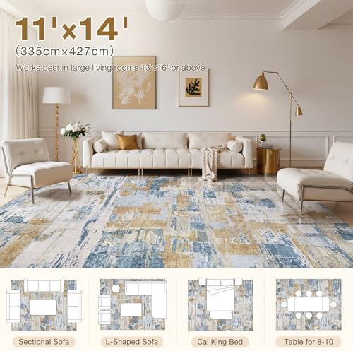 kakania Abstract 11x14 Area Rugs for Living Room: Washable Rugs Blue Gold - Image 2