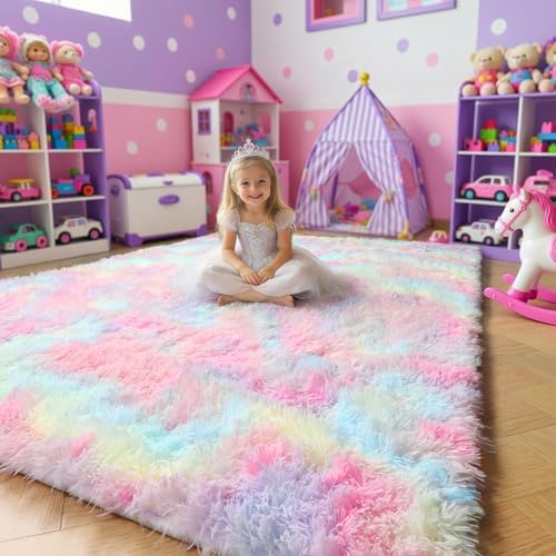 Amdrebio Rainbow Unicorn Pastel Fluffy Small Area Rug 3x5 for Girls Bedroom - Image 5